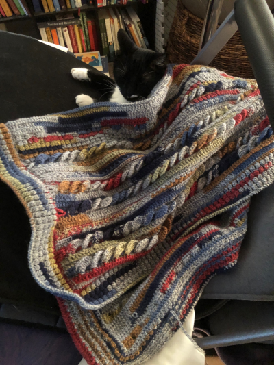 tuxedo cat with closed eyes and perked ears, paws out from under a crochet blanket.