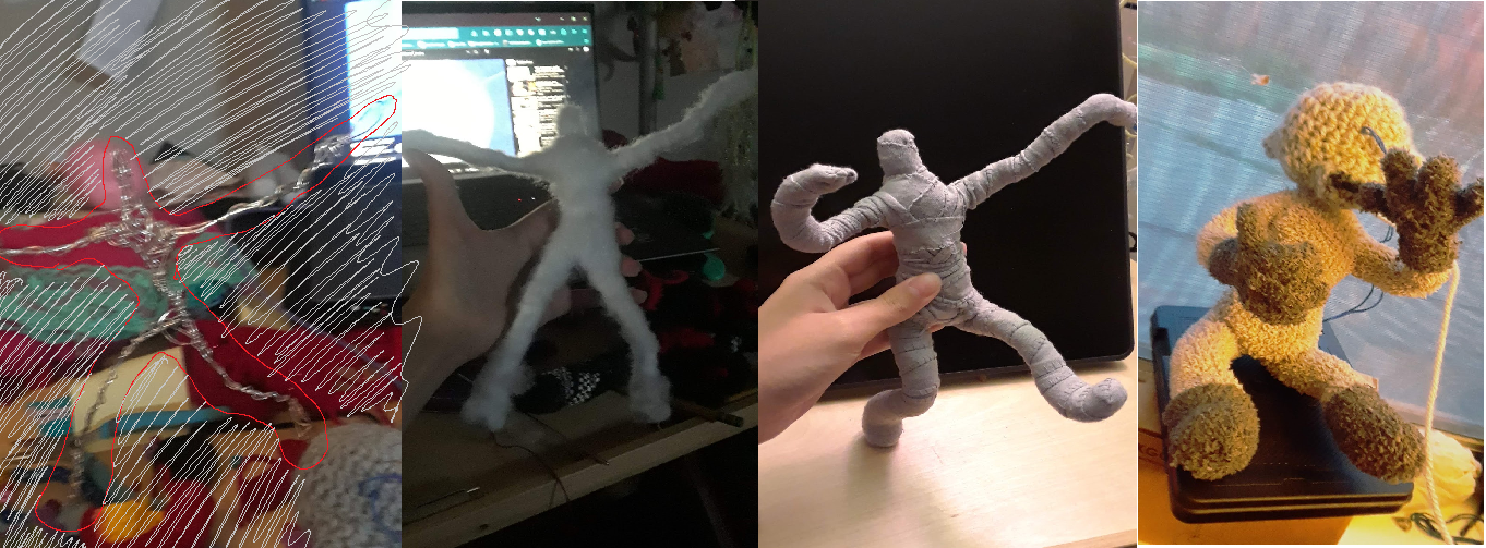 4 pictures of progress of creating A DOLL, armature to head+ body furred