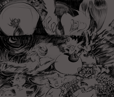 dark scratchy lines atop a deep grey backdrop, a one page comic
